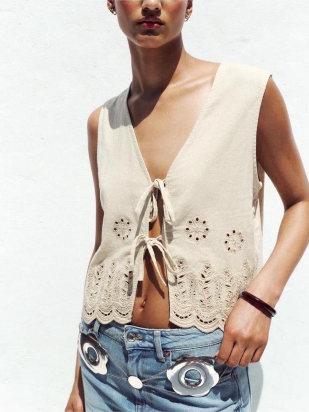 Zara Tie-Front Linen Vest with Perf Details